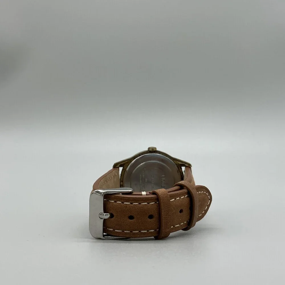 Timex Indiglo Mens Watch 36mm Gold Tone Day Date Brown Leather New Battery